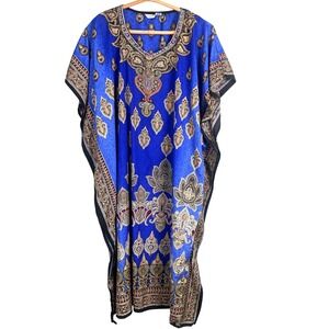 Sante Classics Kaftan Women One Size Paisley Rhinestone Blue Boho Loungewear